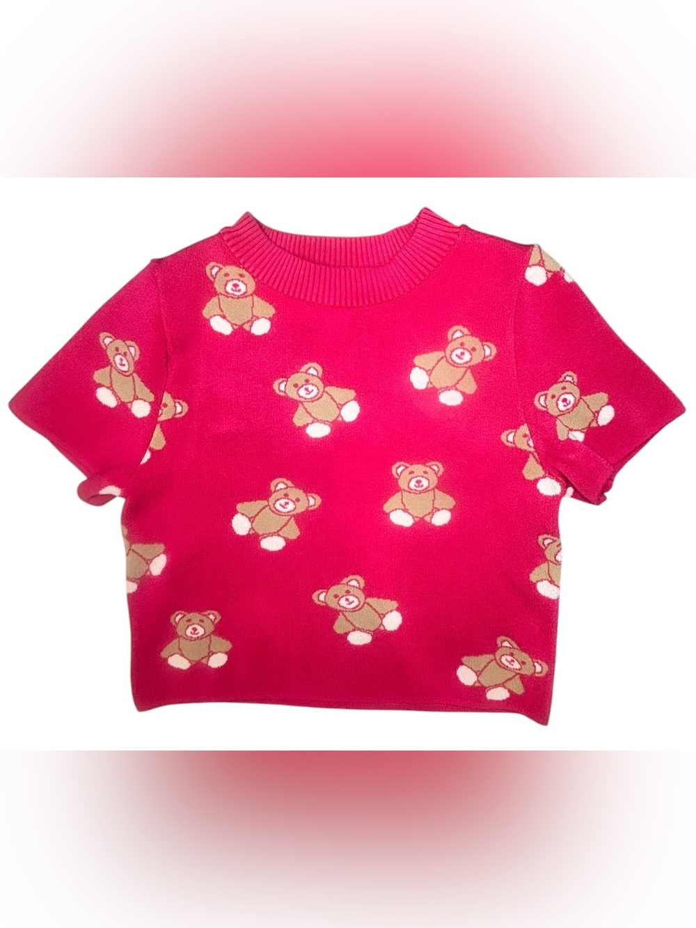 Y2K Pink Teddy Bear Sweater Cropped Knit Pullover M/L